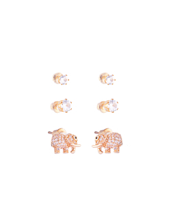 Kit 3 pares de brincos dourado elefante cravejado