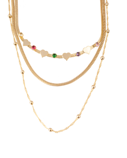 Kit 3 colares dourado malhas coração zircônias coloridas