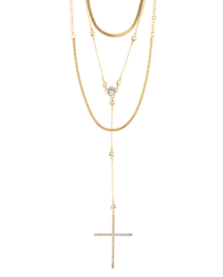 Trio de colares dourado gravatinha cruz cravejada