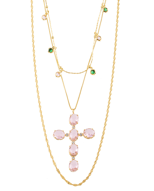 Trio de colares dourado pingente cruz zircônia rosa