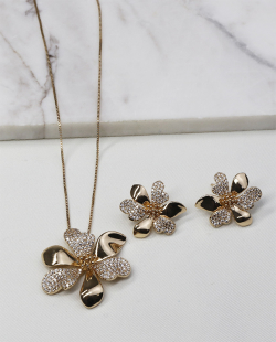 Conjunto MB Semijoias Flor Zircônia Dourado